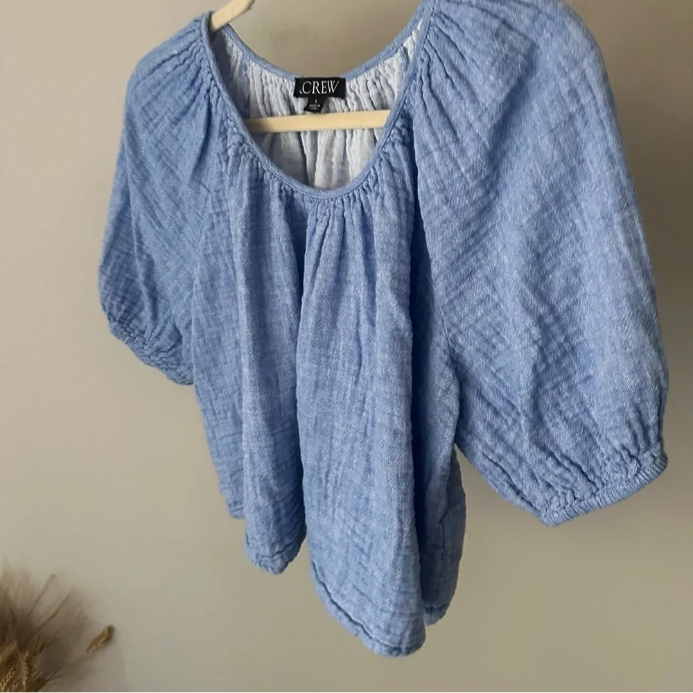 J.Crew Swingy puff-sleeve top in cotton-linen blend gauze Small